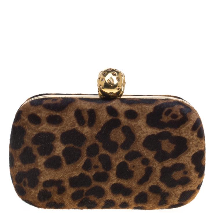 Pre Owned Alexander McQueen Leopard Print Calf Hair Skull Box Clutch