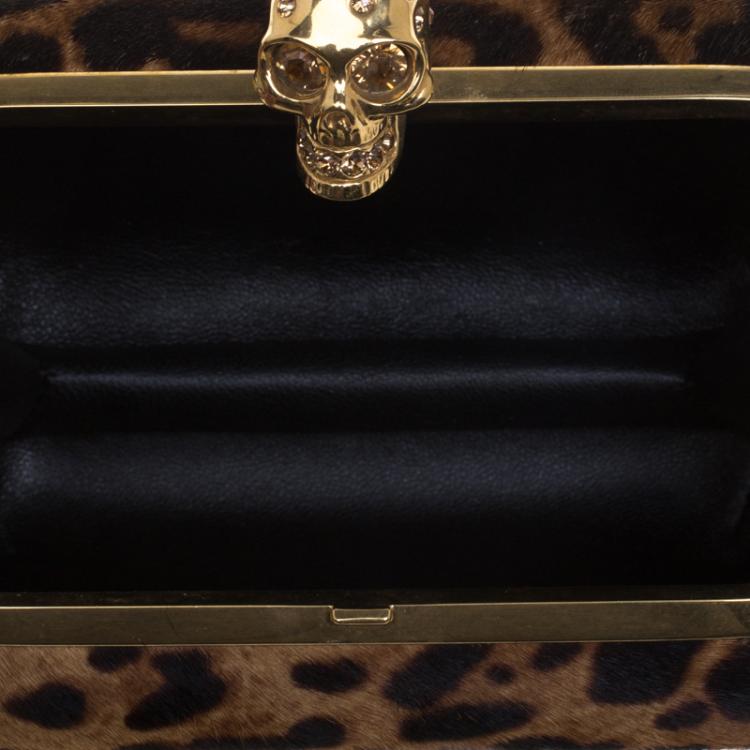 Pre Owned Alexander McQueen Leopard Print Calf Hair Skull Box Clutch