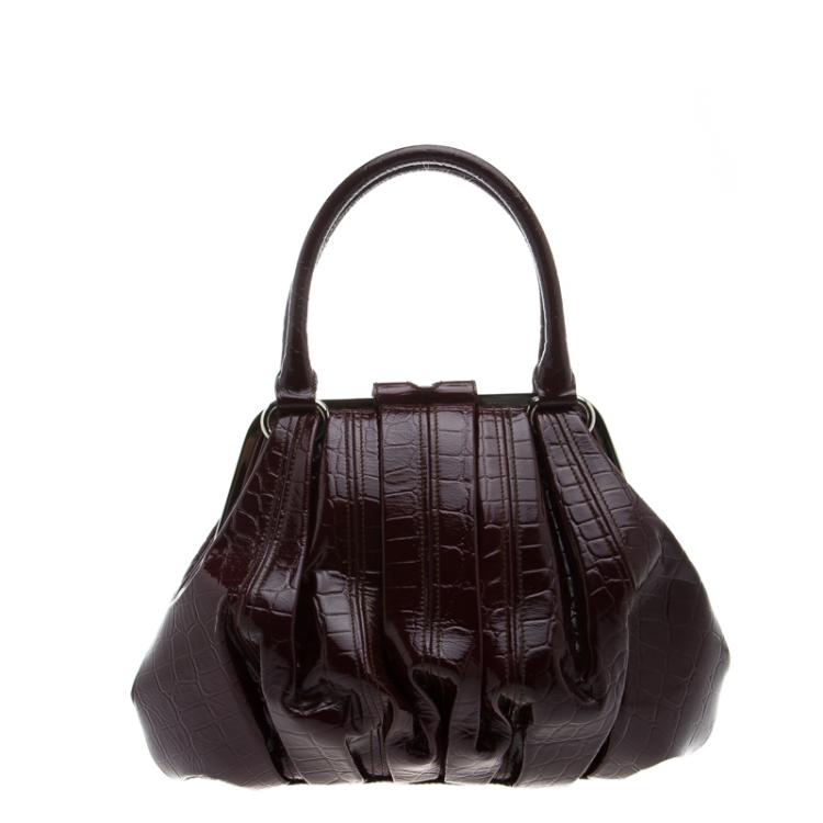 Pre Owned Alexander McQueen Burgundy Croc Embossed Patent Leather Elvie Satchel