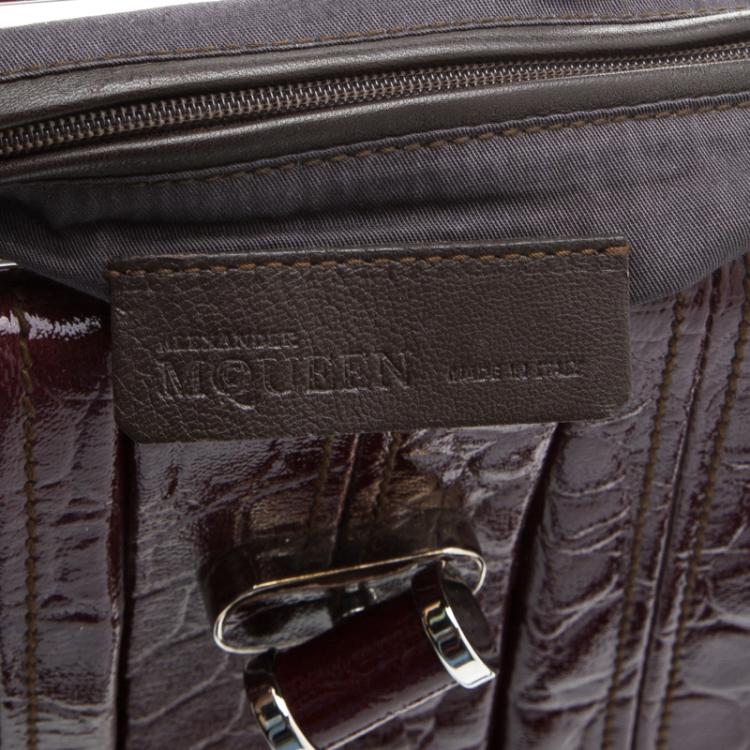 Pre Owned Alexander McQueen Burgundy Croc Embossed Patent Leather Elvie Satchel