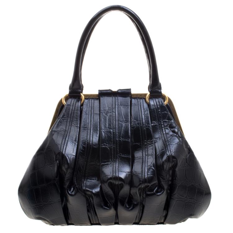 مملوكة مسبقًا Alexander McQueen Black Croc Embossed Patent Leather Elvie Satchel