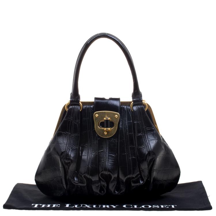 مملوكة مسبقًا Alexander McQueen Black Croc Embossed Patent Leather Elvie Satchel