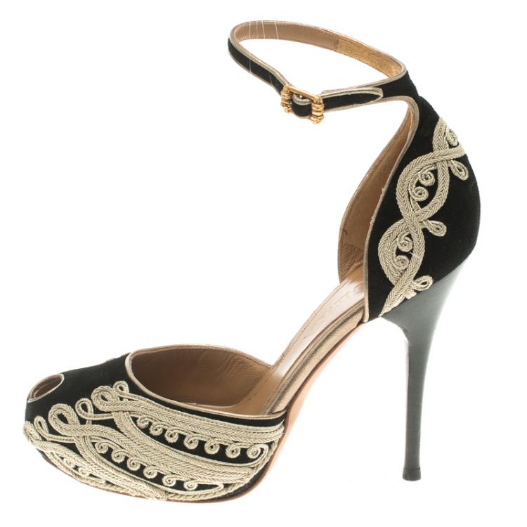 مملوكة مسبقًا Alexander McQueen Black Cord Embroidered Suede Peep Toe Ankle Strap D'orsay Pumps Size 37