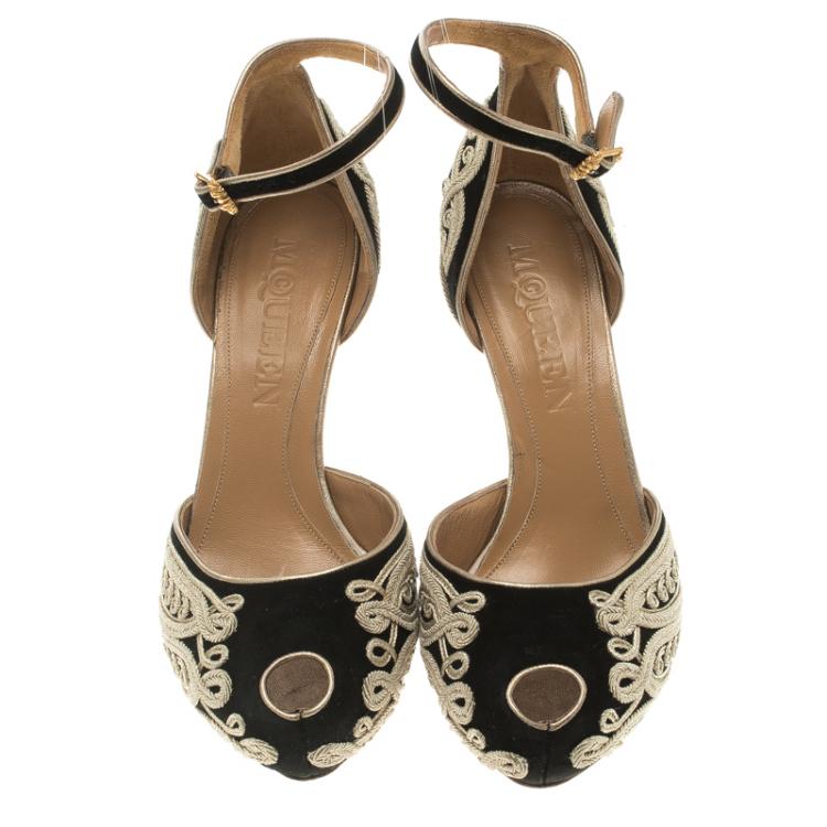 مملوكة مسبقًا Alexander McQueen Black Cord Embroidered Suede Peep Toe Ankle Strap D'orsay Pumps Size 37