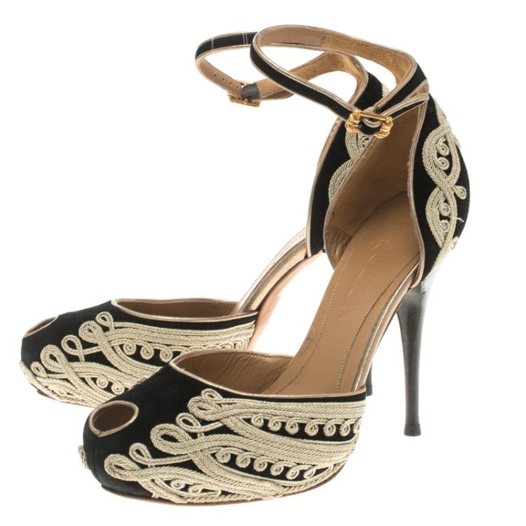 مملوكة مسبقًا Alexander McQueen Black Cord Embroidered Suede Peep Toe Ankle Strap D'orsay Pumps Size 37