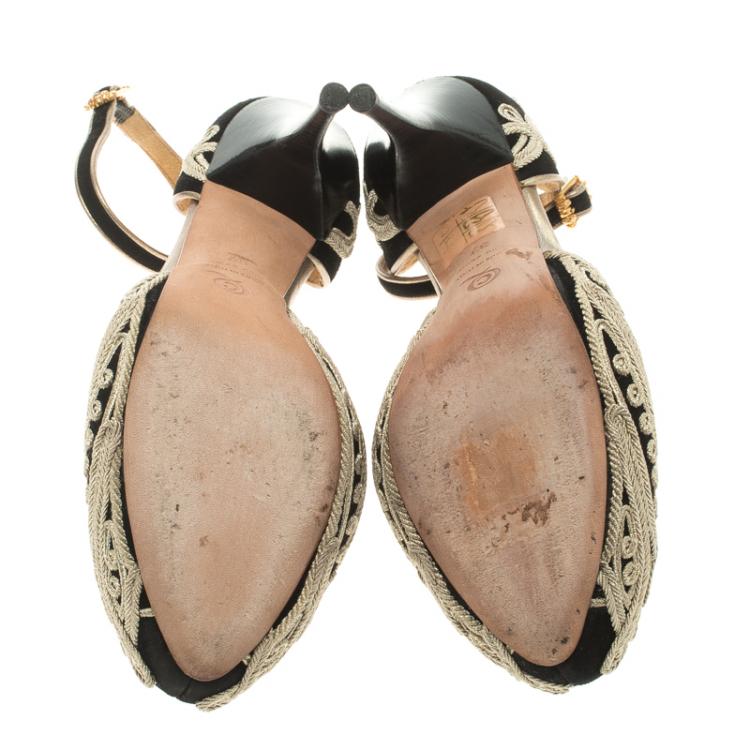 مملوكة مسبقًا Alexander McQueen Black Cord Embroidered Suede Peep Toe Ankle Strap D'orsay Pumps Size 37