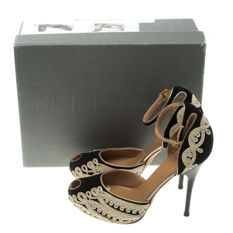 مملوكة مسبقًا Alexander McQueen Black Cord Embroidered Suede Peep Toe Ankle Strap D'orsay Pumps Size 37