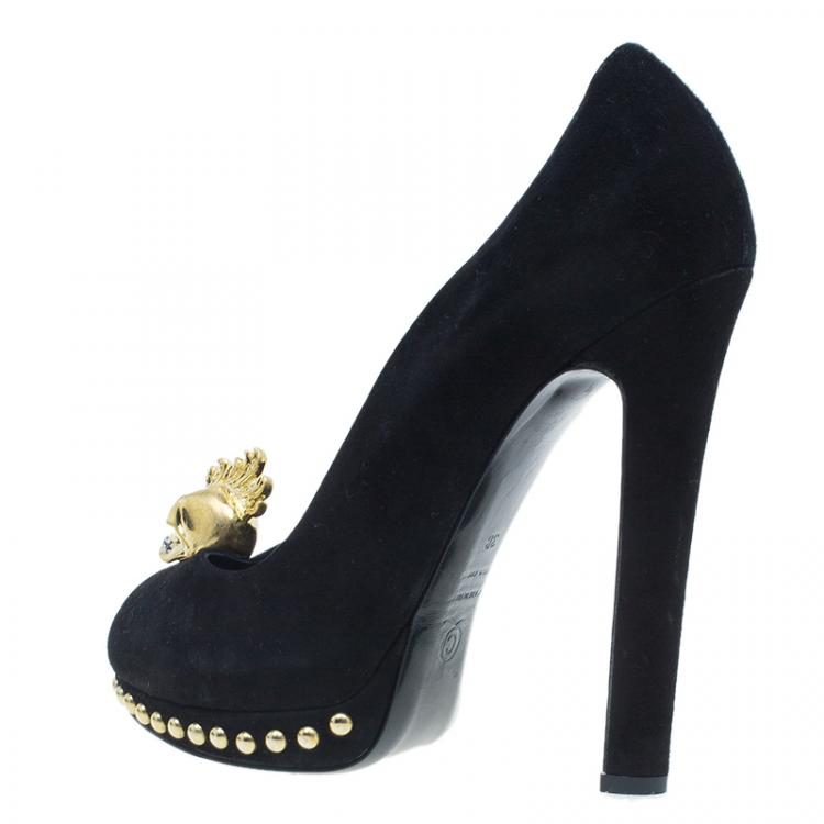Pre Owned Alexander McQueen Black Suede Skull Embellished Peep Toe Pumps Size 38
