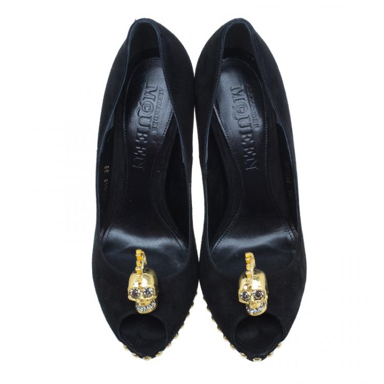 Pre Owned Alexander McQueen Black Suede Skull Embellished Peep Toe Pumps Size 38