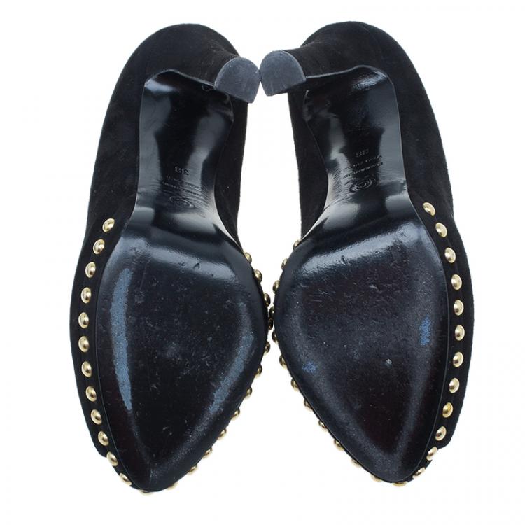 Pre Owned Alexander McQueen Black Suede Skull Embellished Peep Toe Pumps Size 38