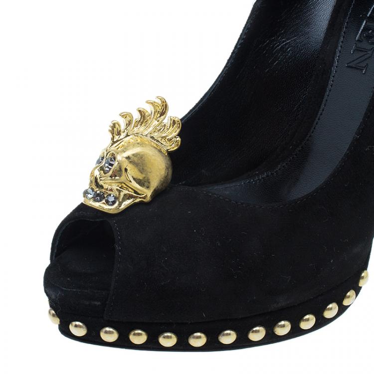 Pre Owned Alexander McQueen Black Suede Skull Embellished Peep Toe Pumps Size 38
