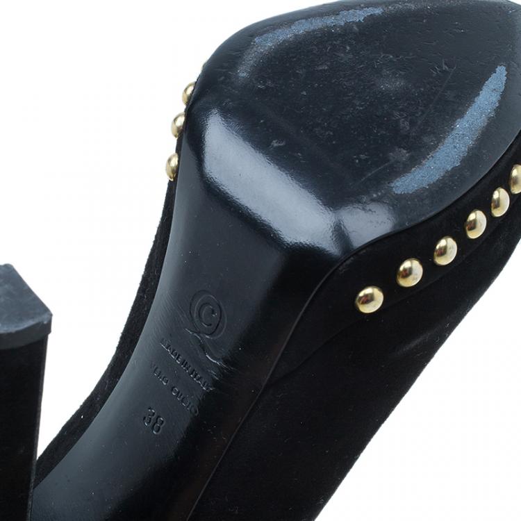 Pre Owned Alexander McQueen Black Suede Skull Embellished Peep Toe Pumps Size 38