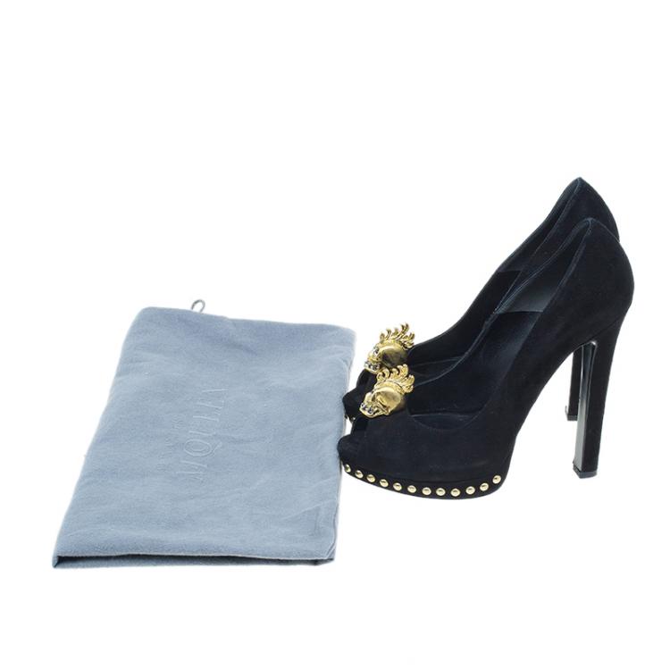 Pre Owned Alexander McQueen Black Suede Skull Embellished Peep Toe Pumps Size 38