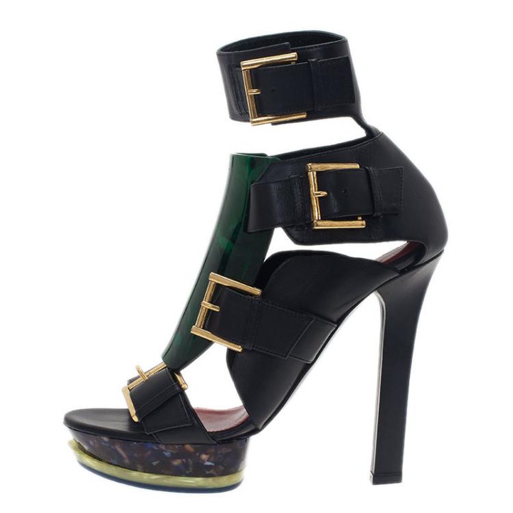 Pre Owned Alexander McQueen Black Plexi Plaque Strappy Platform Sandals Size 38
