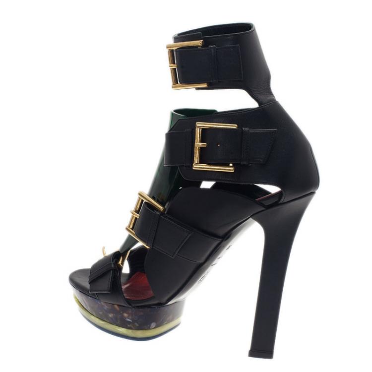 Pre Owned Alexander McQueen Black Plexi Plaque Strappy Platform Sandals Size 38