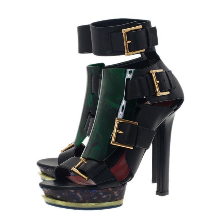 Pre Owned Alexander McQueen Black Plexi Plaque Strappy Platform Sandals Size 38