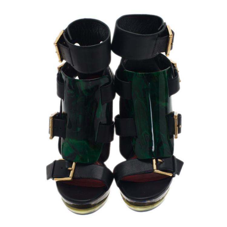 Pre Owned Alexander McQueen Black Plexi Plaque Strappy Platform Sandals Size 38