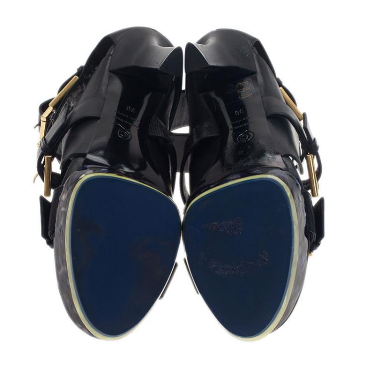 Pre Owned Alexander McQueen Black Plexi Plaque Strappy Platform Sandals Size 38