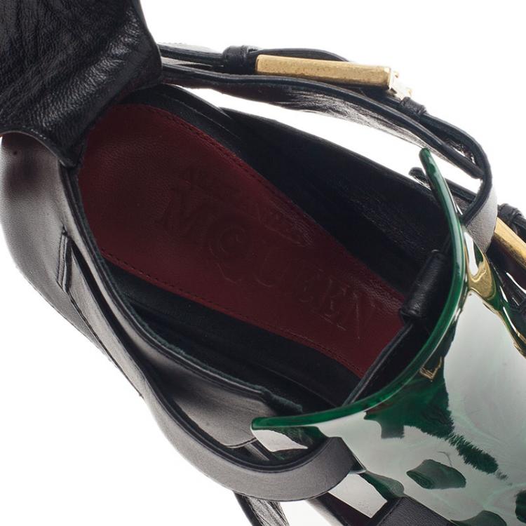 Pre Owned Alexander McQueen Black Plexi Plaque Strappy Platform Sandals Size 38