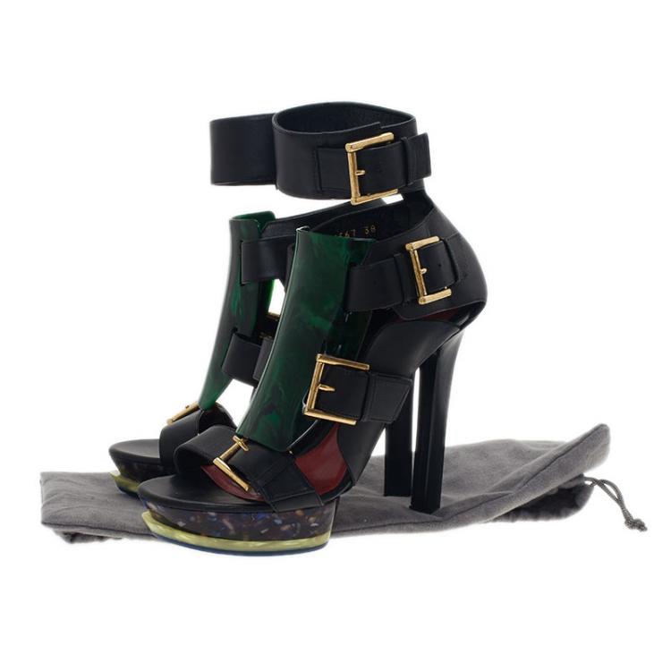 Pre Owned Alexander McQueen Black Plexi Plaque Strappy Platform Sandals Size 38