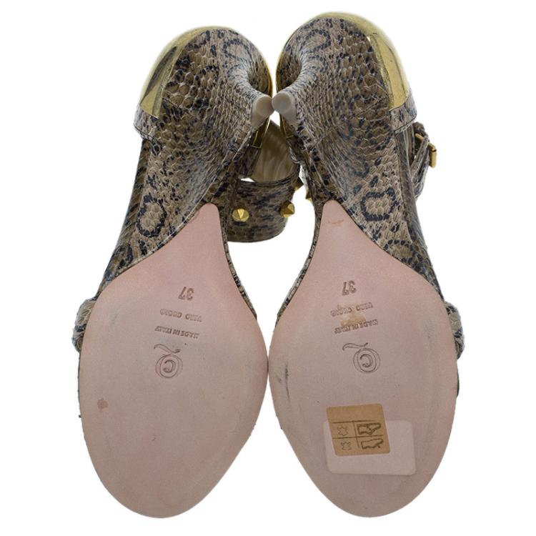 Pre Owned Alexander McQueen Beige Python Studded Ankle Strap Wedges Size 37