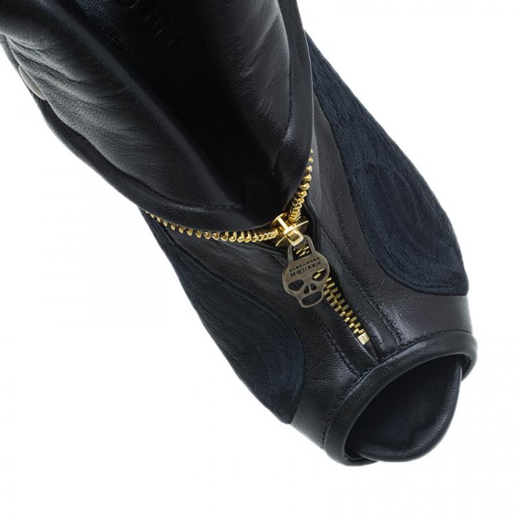 Pre Owned Alexander McQueen Black Leather Faithful Peep Toe Ankle Booties Size 37