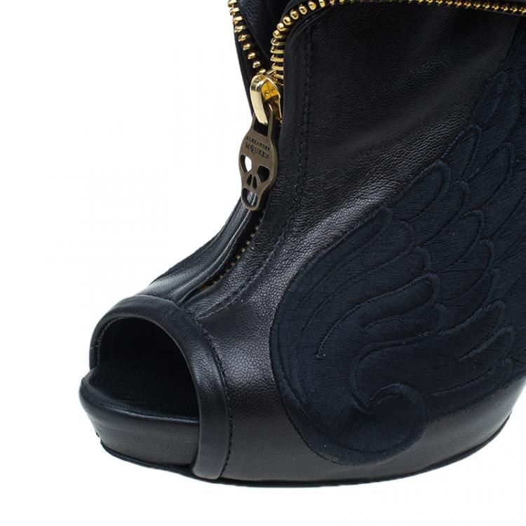 Pre Owned Alexander McQueen Black Leather Faithful Peep Toe Ankle Booties Size 37