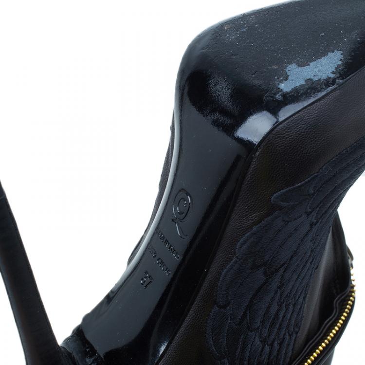 Pre Owned Alexander McQueen Black Leather Faithful Peep Toe Ankle Booties Size 37