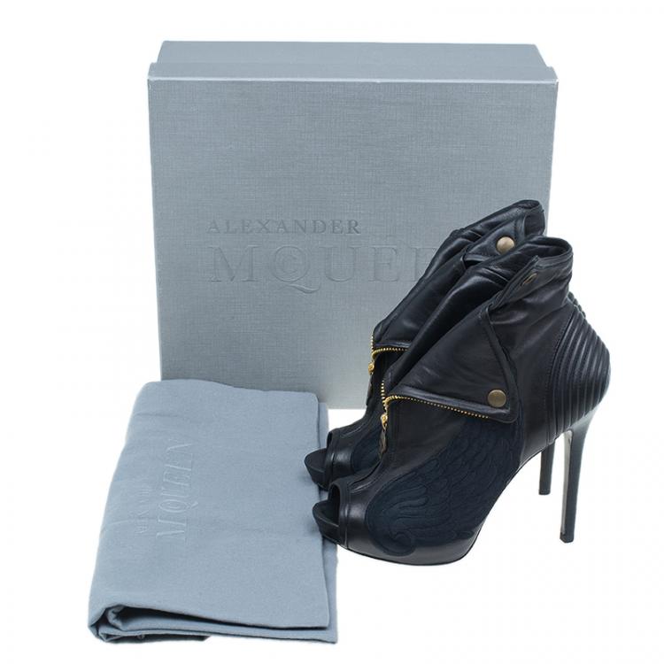 Pre Owned Alexander McQueen Black Leather Faithful Peep Toe Ankle Booties Size 37