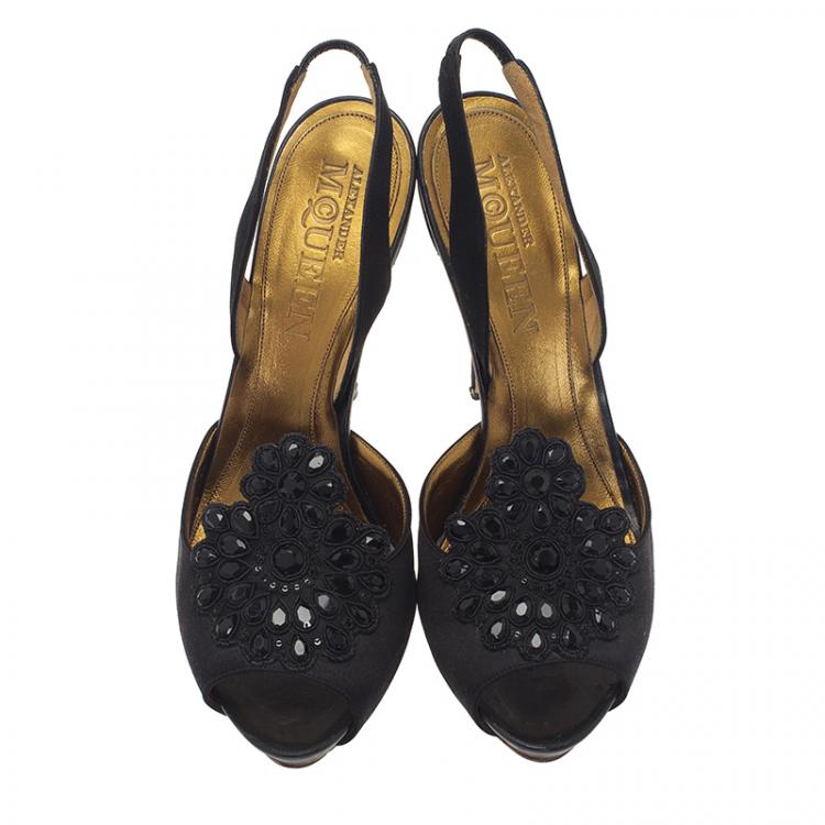 Pre Owned Alexander McQueen Black Satin Embellished Peep Toe Slingback Sandals Size 40