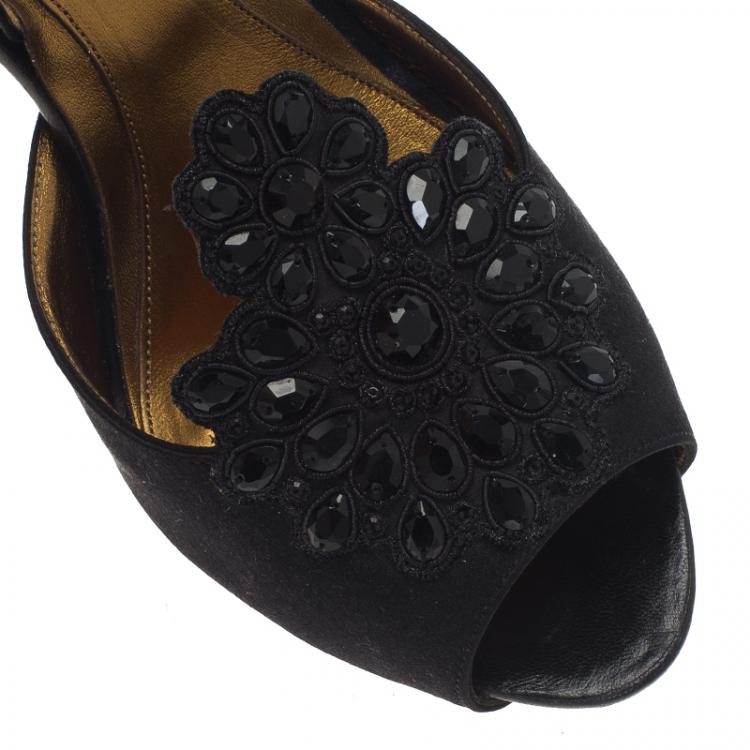 Pre Owned Alexander McQueen Black Satin Embellished Peep Toe Slingback Sandals Size 40