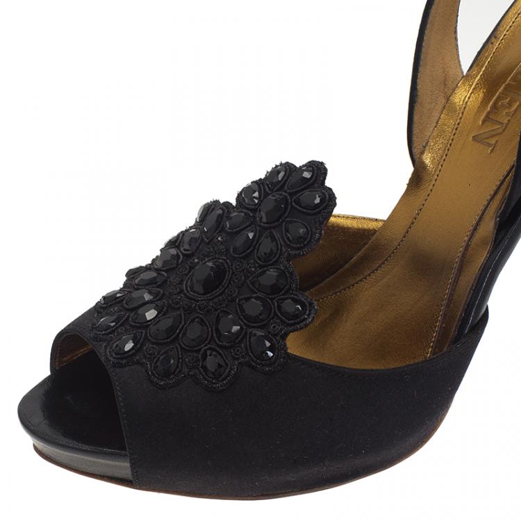 Pre Owned Alexander McQueen Black Satin Embellished Peep Toe Slingback Sandals Size 40