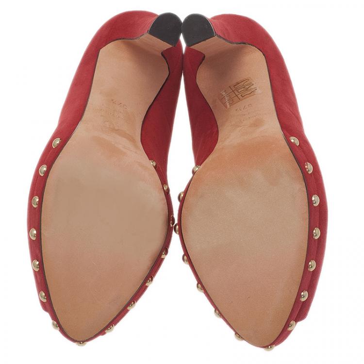 Pre Owned Alexander McQueen Red Suede Skull Embellished Platform Pumps Size 37.5 