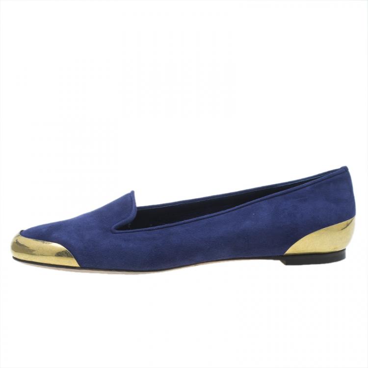 Pre Owned Alexander McQueen Navy Blue Suede Metal Cap Toe Smoking Slippers  Size 37.5