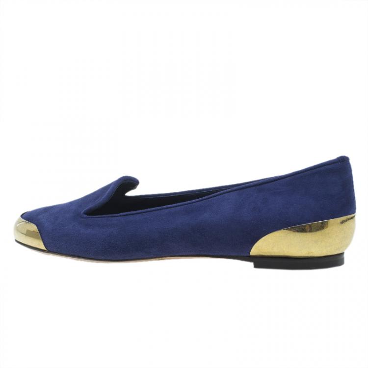 Pre Owned Alexander McQueen Navy Blue Suede Metal Cap Toe Smoking Slippers  Size 37.5