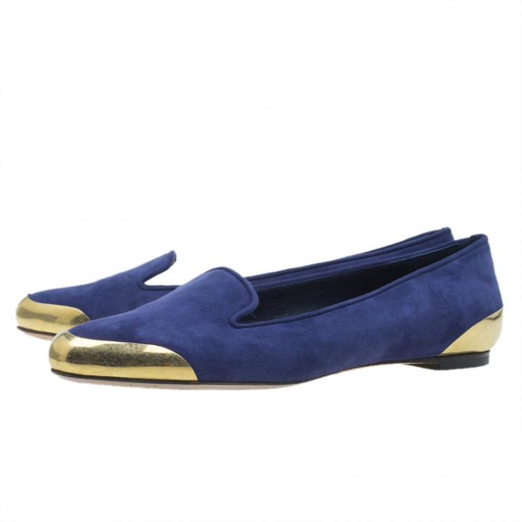 Pre Owned Alexander McQueen Navy Blue Suede Metal Cap Toe Smoking Slippers  Size 37.5