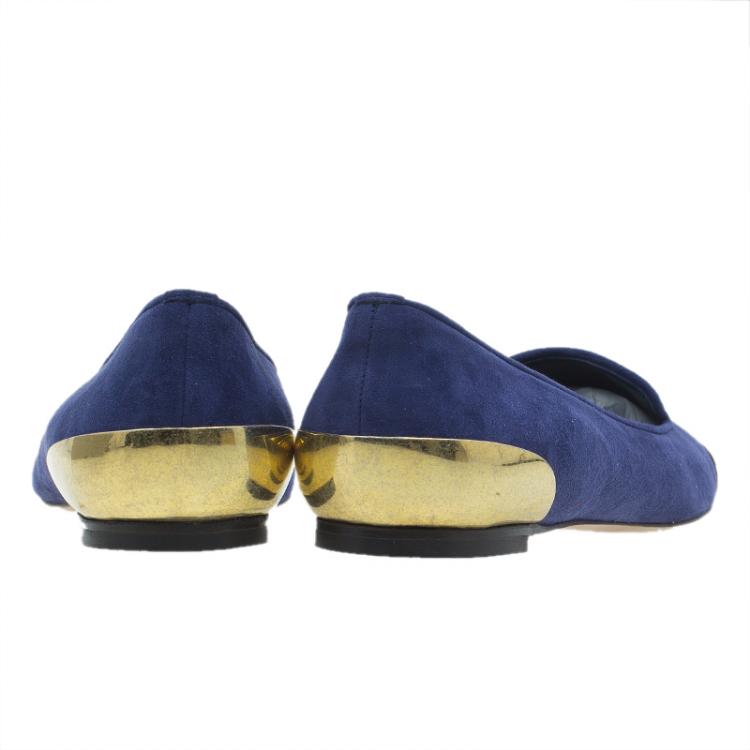Pre Owned Alexander McQueen Navy Blue Suede Metal Cap Toe Smoking Slippers  Size 37.5