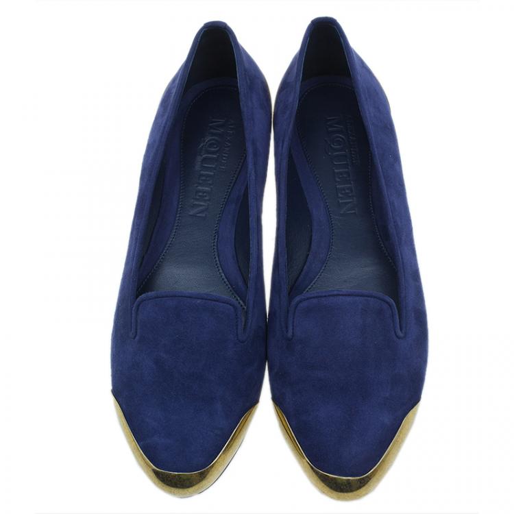 Pre Owned Alexander McQueen Navy Blue Suede Metal Cap Toe Smoking Slippers  Size 37.5