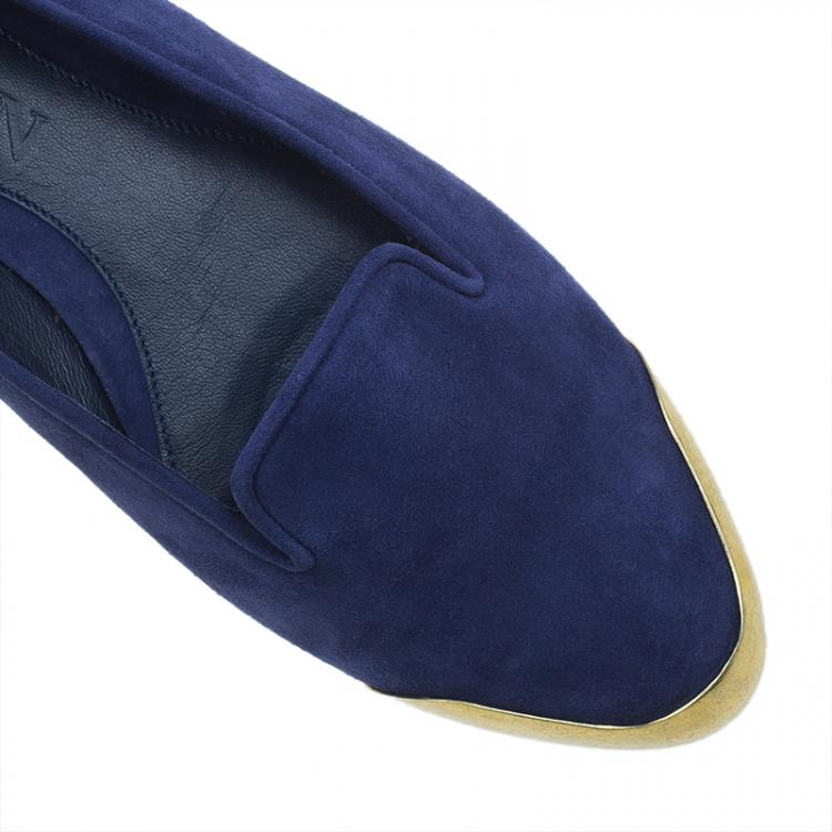 Pre Owned Alexander McQueen Navy Blue Suede Metal Cap Toe Smoking Slippers  Size 37.5