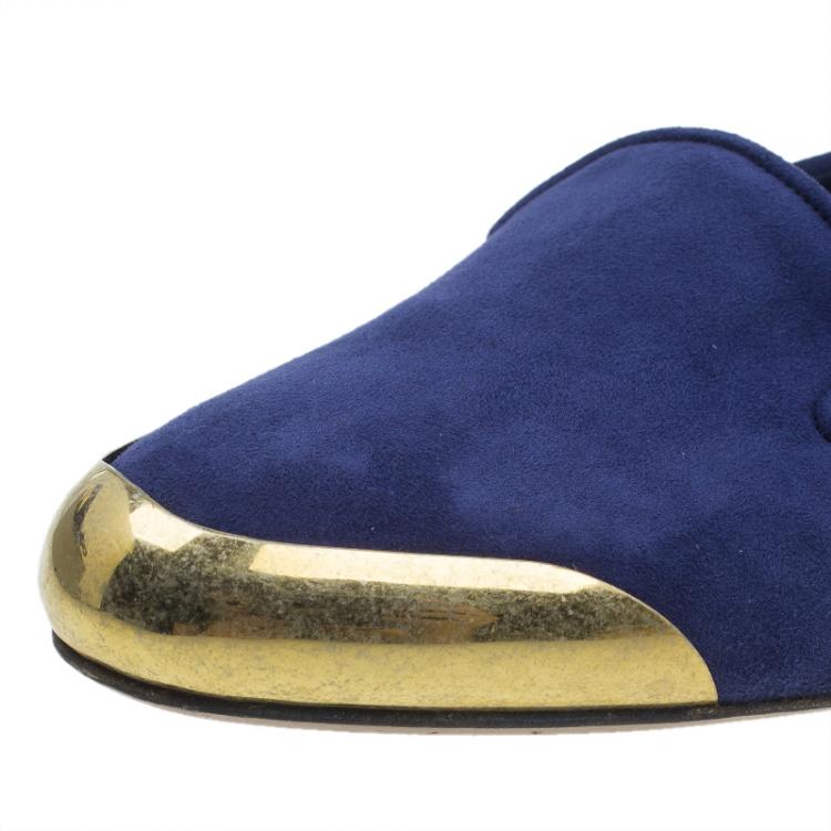 Pre Owned Alexander McQueen Navy Blue Suede Metal Cap Toe Smoking Slippers  Size 37.5