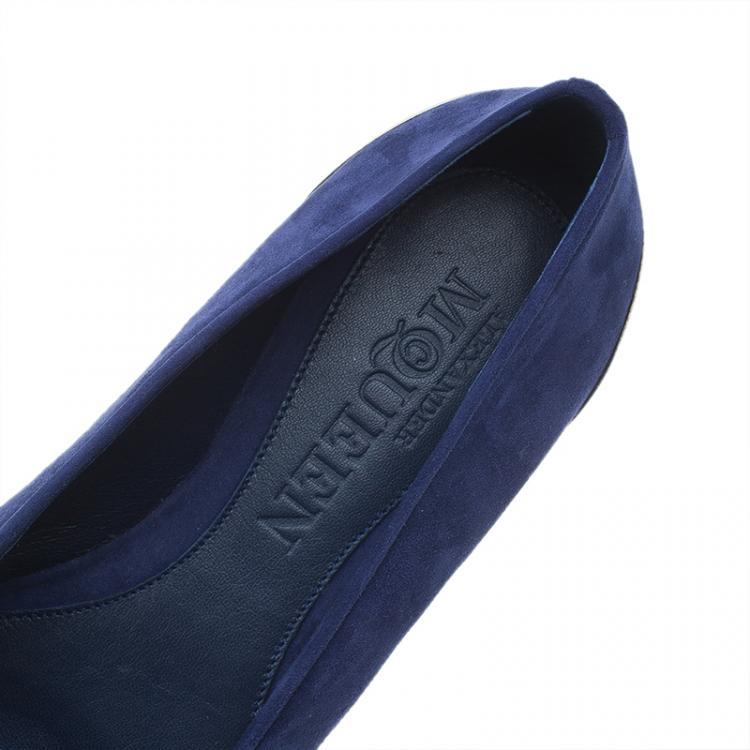 Pre Owned Alexander McQueen Navy Blue Suede Metal Cap Toe Smoking Slippers  Size 37.5