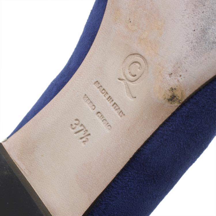 Pre Owned Alexander McQueen Navy Blue Suede Metal Cap Toe Smoking Slippers  Size 37.5