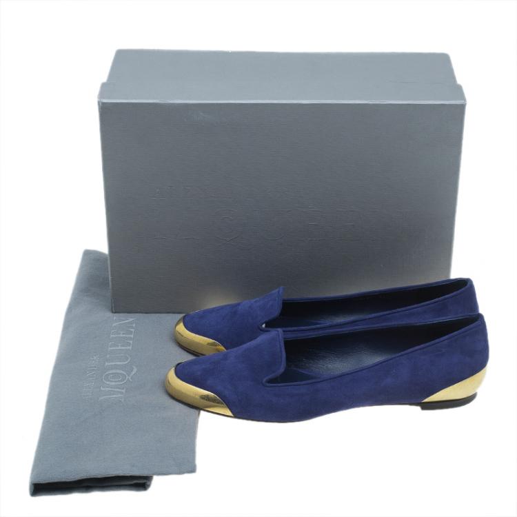 Pre Owned Alexander McQueen Navy Blue Suede Metal Cap Toe Smoking Slippers  Size 37.5