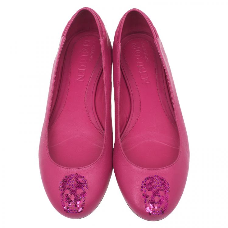 Pre Owned Alexander McQueen Pink Leather Sequin Skull Ballet Flats Size 39