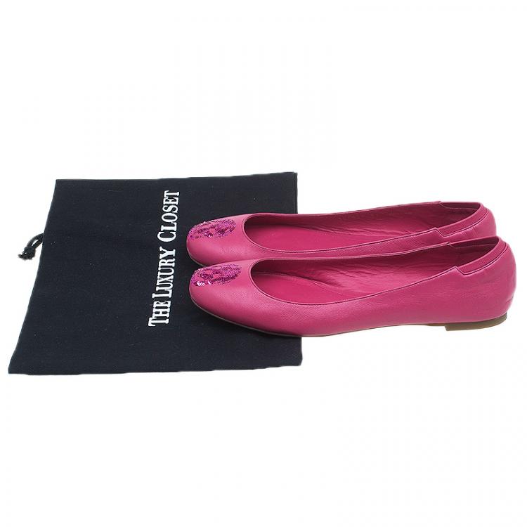 Pre Owned Alexander McQueen Pink Leather Sequin Skull Ballet Flats Size 39