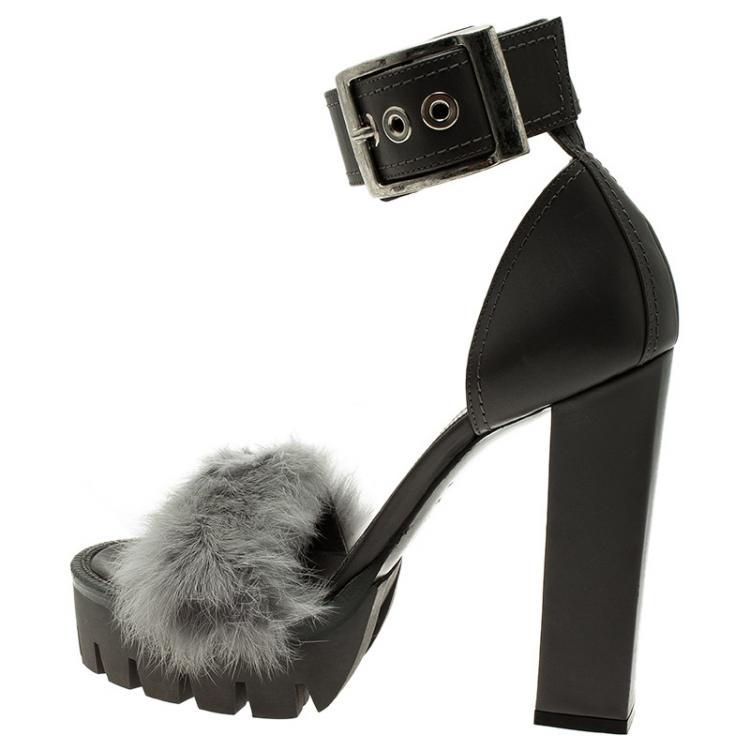 Pre Owned Alexander McQueen Grey Mink and Leather Buckle Detail  Ankle Strap Platform Sandals Size 38 