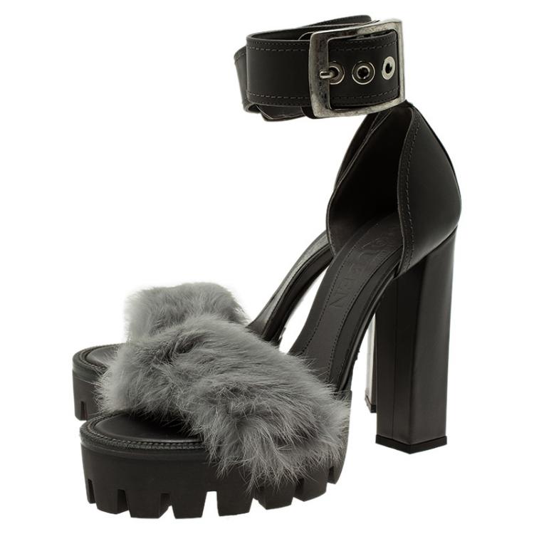 Pre Owned Alexander McQueen Grey Mink and Leather Buckle Detail  Ankle Strap Platform Sandals Size 38 