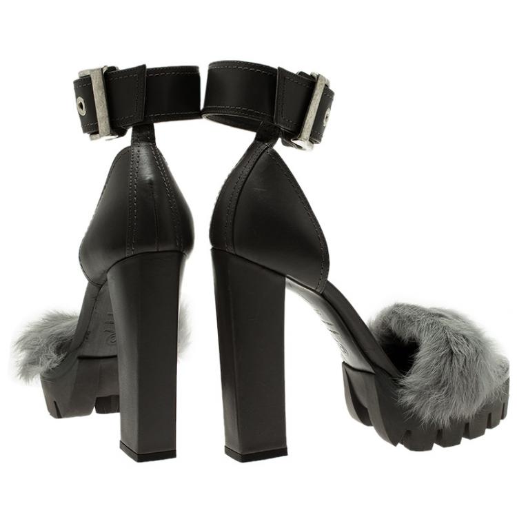 Pre Owned Alexander McQueen Grey Mink and Leather Buckle Detail  Ankle Strap Platform Sandals Size 38 