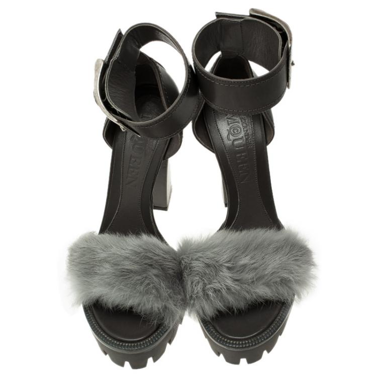 Pre Owned Alexander McQueen Grey Mink and Leather Buckle Detail  Ankle Strap Platform Sandals Size 38 