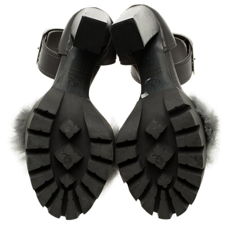 Pre Owned Alexander McQueen Grey Mink and Leather Buckle Detail  Ankle Strap Platform Sandals Size 38 
